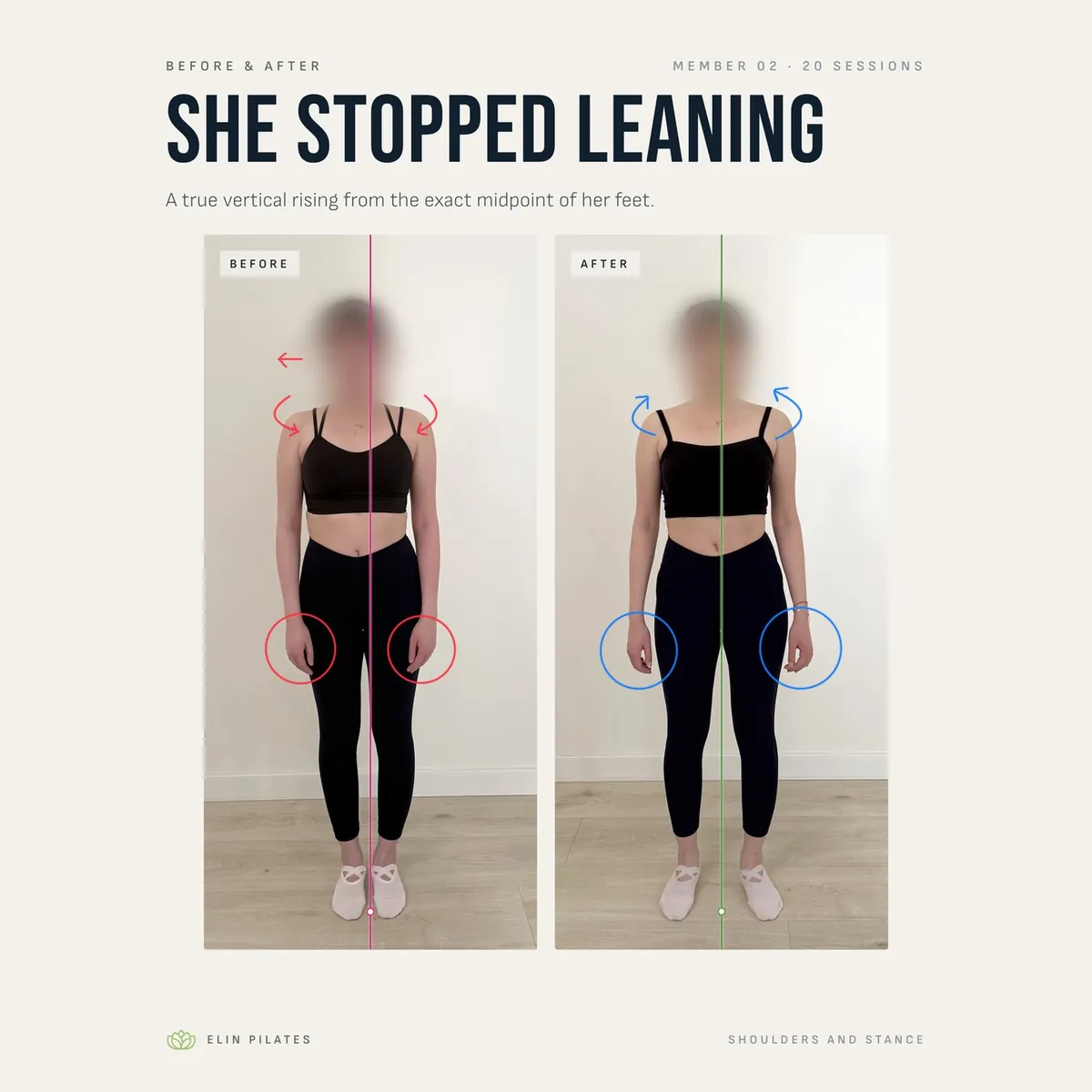 Client posture transformation before and after — she stopped leaning, stacked over her own base after 20 sessions — tap to view on Instagram